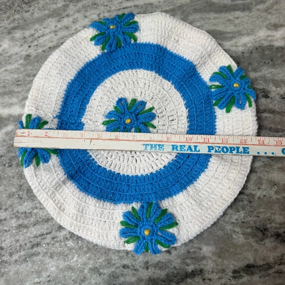 Vintage Hand-Crocheted Toilet Seat Cover Topper – Blue & White Floral